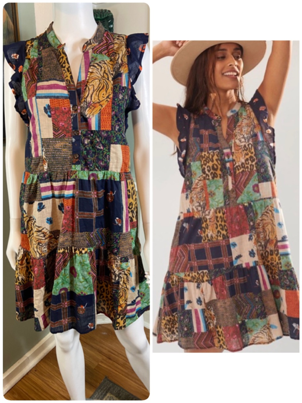 Pilcro Patchwork Tiger Leopard Tiered Mini Babydoll Dress XSmall XS - Picture 2 of 15